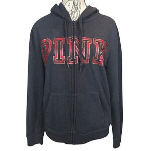 Victorias Secret PINK Hoodie Womens Medium Zip Full‎ Gray Logo Sweatshirt